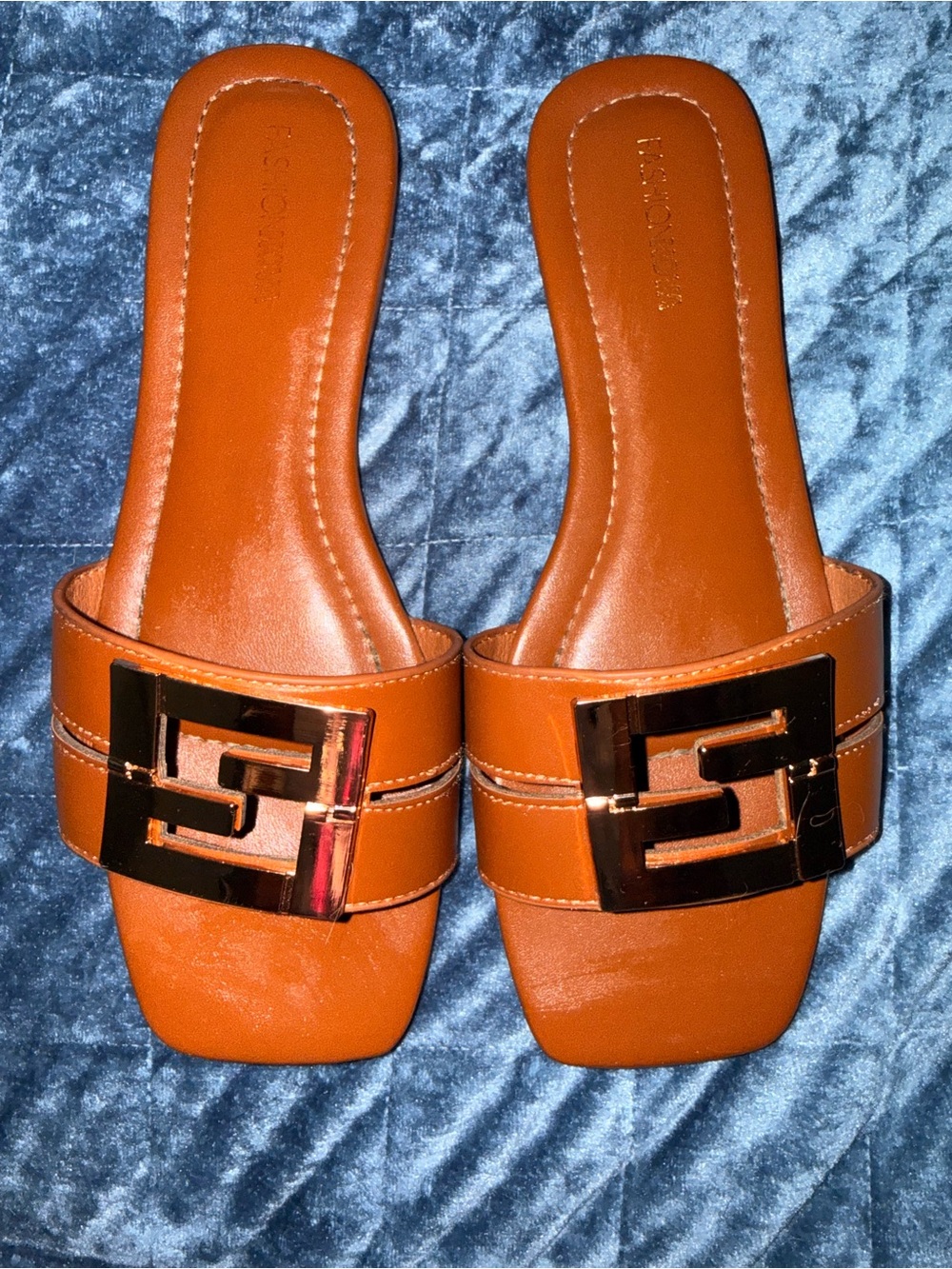 Women's Tan Slide Sandals with Gold Buckle